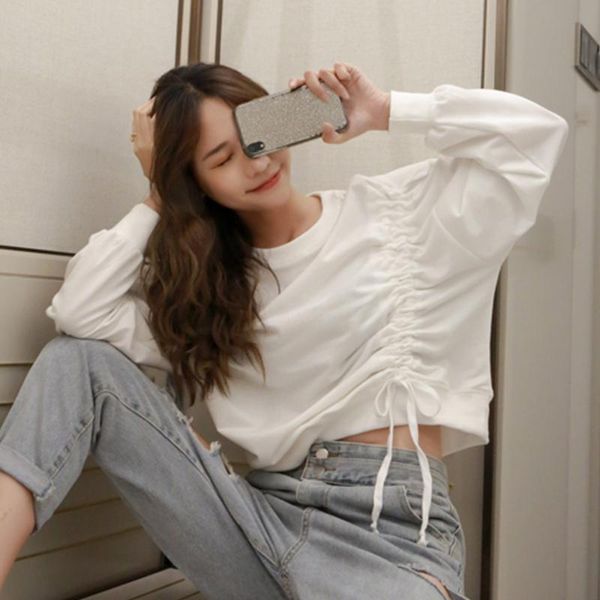 

women's hoodies & sweatshirts women white spring and autumn loose casual short sweatshirt drawstring long sleeve pullover, Black