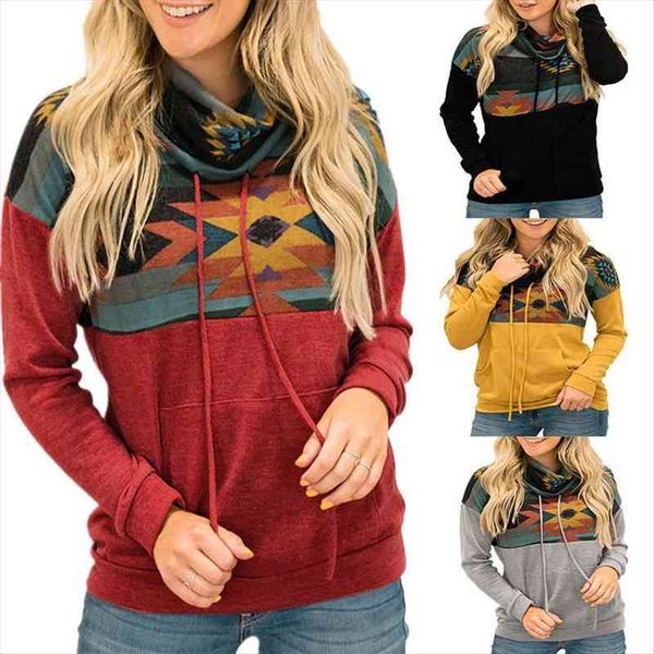 

women sun flower printed ethnic high-neck sweatshirt patchwork springs pullover hoodie casual loose female hooded 2xl, Black