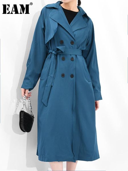 

women's trench coats [eam] women big size long blue lapel sleeve loose fit windbreaker fashion tide spring autumn 2021 1dd050305, Tan;black