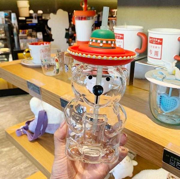 

the latest 17oz starbucks mug, bear style double glass coffee straw cup, very beautiful, silicone cap, support customization