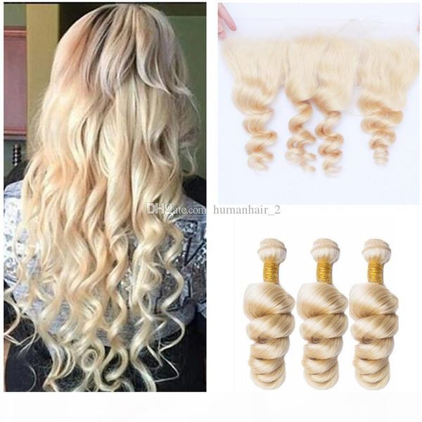 

loose wave blonde lace frontal closure with hair wefts #613 blonde hair with lace frontal closure loose wavy hair bundles 4pcs lot, Black;brown