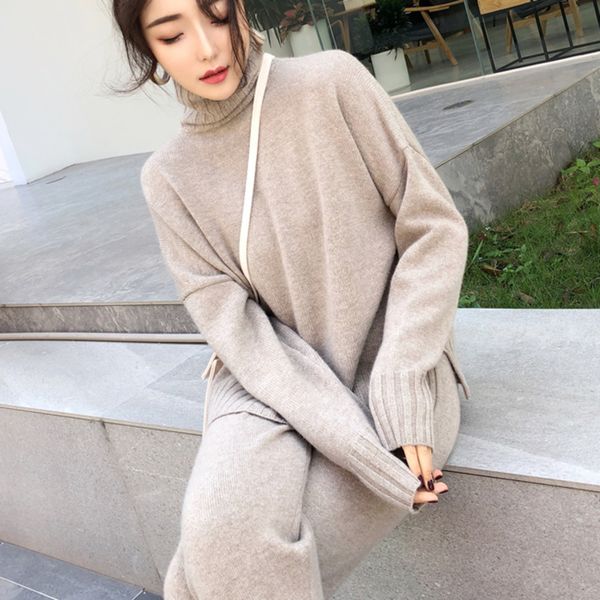 

2021 new suit autumn winter knitted tracksuit women turtleneck pullover sweater + pants fashion casual 2 piece set gsnz, Blue