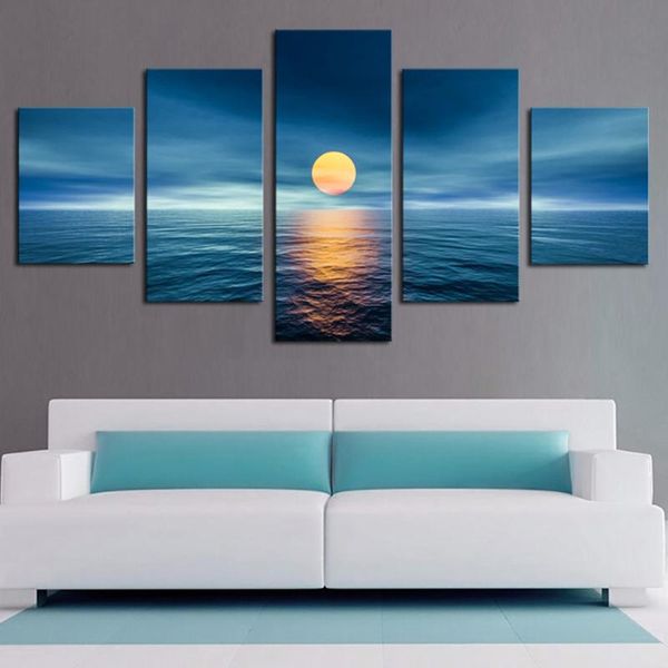

paintings canvas hd print painting modular pictures art poster 5 panel sea full moon landscape frame wall modern home decor living room