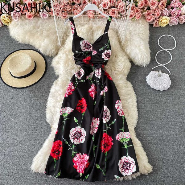 

kusahiki spring summer flowers sling dress elegant high waist a-line dresses sleeveless v-neck midi vestidos femme 6e413 210602, Black;gray
