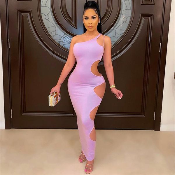 

summer solid color womens dresses one shoulder sleeveless long skirt with side hollows for ladies 3 colors, Black;gray