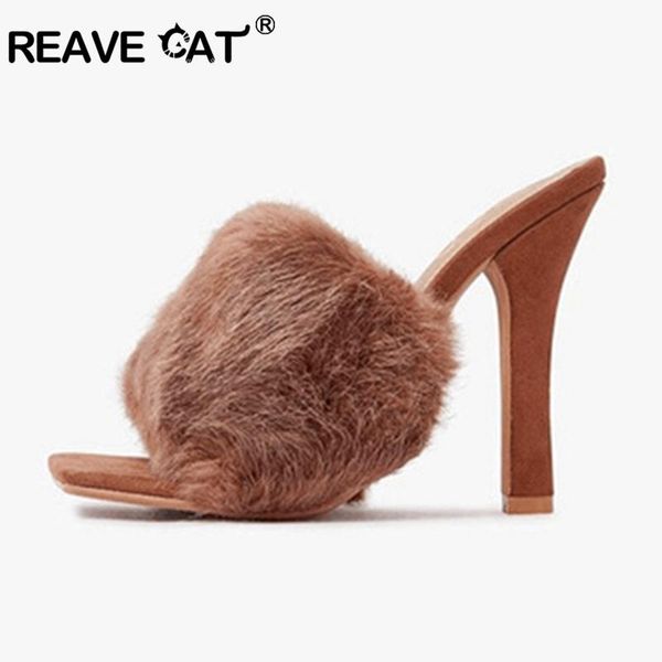 

sandals reave cat 2021 ins fur flurry fuzzy heeled mules slippers block sturdy heels party club purple green brown red, Black