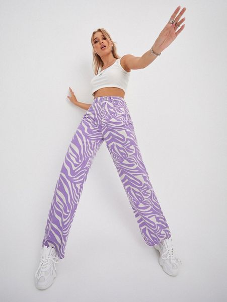 

high waist zebra striped jeans i43p#, Blue