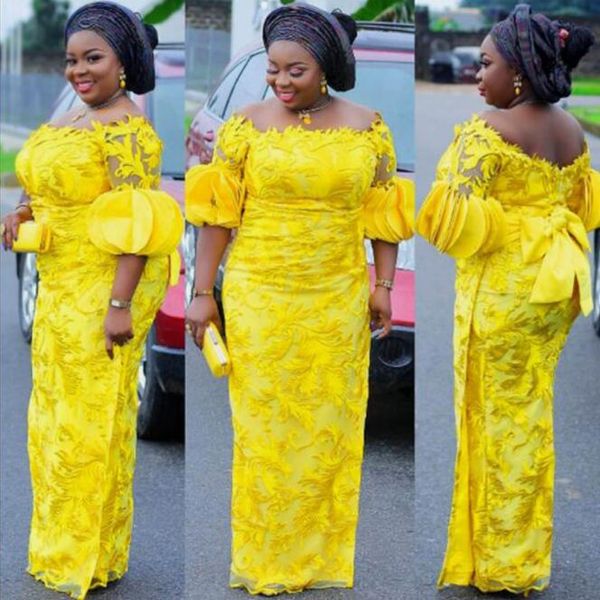 Plus Size Amarelo Prom Vestidos Puff Mangas Curtas Nigerian Festa Longo Vestidos de Noite de Laço Lace Applique Bow Abiye Robe de Soiree
