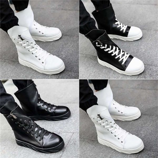 

autumn british black and white leather tube high round head boots korean fashion men's shoes, White;red