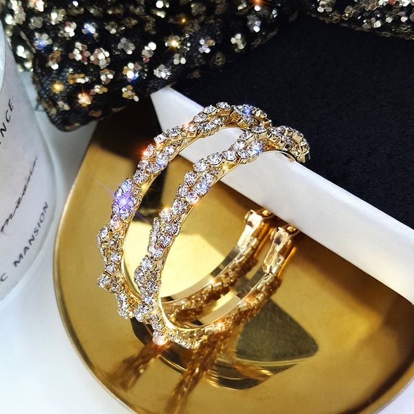 

wholesale-silver high-end feeling water drill twining c-ring earrings fashionable net red temperament european and american personality, Golden;silver
