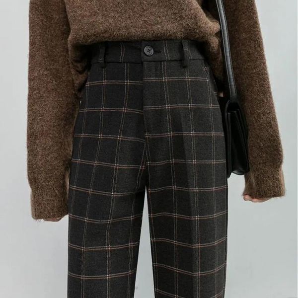

women's pants & capris junerain autumn winter women plaid plus size woolen straight trousers female high waist loose england style ankl, Black;white