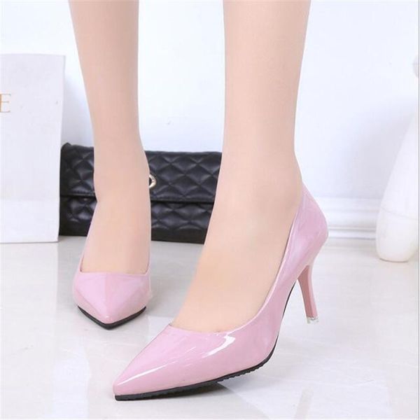 

2021 spring fashion woman shoes pointed fine with heels shallow mouth high heels patent leather summer pumps shoes mujer 7cm, Black