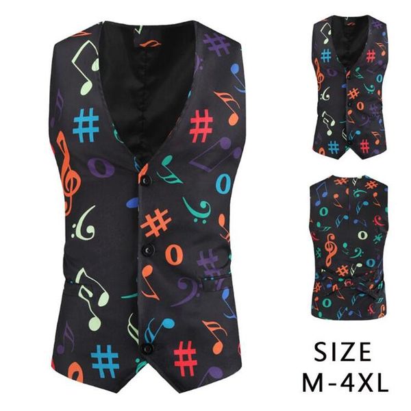 

men's vests suit vest boutique 3d fashion music printing singer stage casual business break wedding party, Black;white