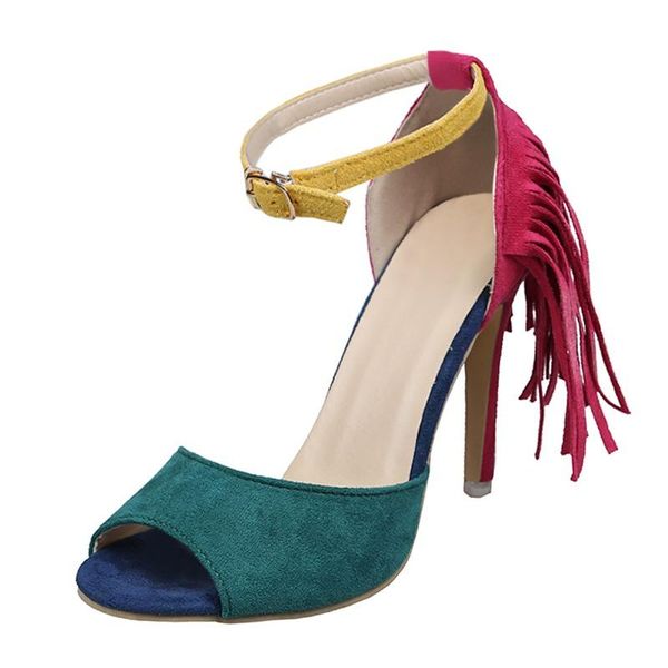 

sandals 2021 women high heel tassel patchwork shoes peep toe buckle strap ladies summer snadals thin heels style, Black