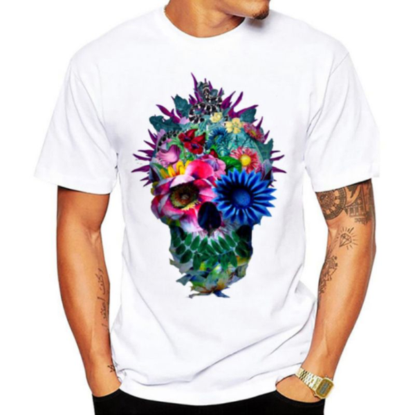 

floral skull design men's 100% cotton t-shirt, comfortable, fresh and breathable, daily travel street parties, White;black