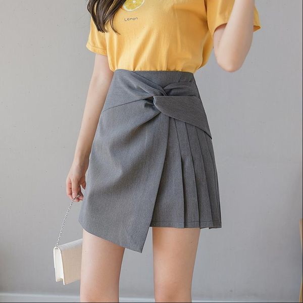

tie front high waist pleated short skirts womens 2021 summer korean style wrap a line women office mini skirt grey skort, Black