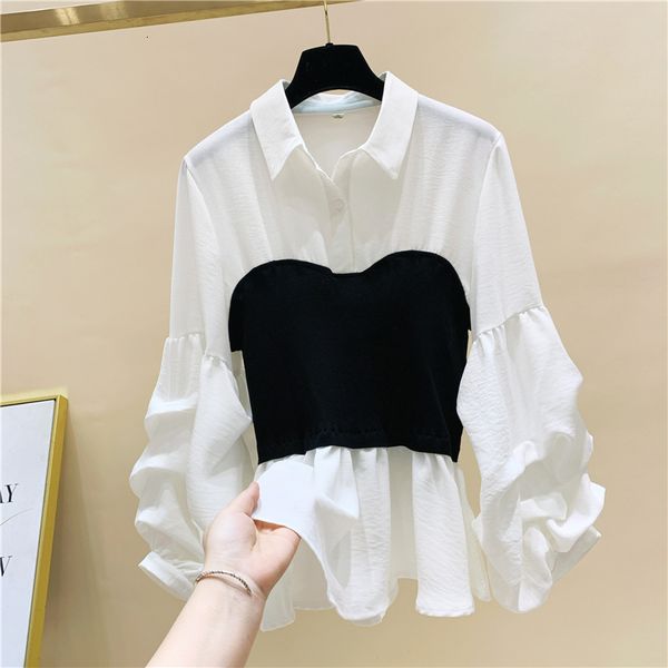 

2021 autumn new lady in the crocheted office couture puff upper sleeve women shredded turn down collar shirt zwya, White