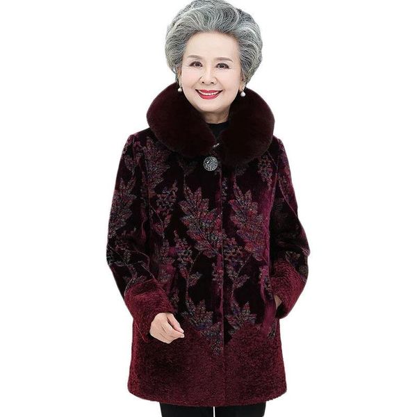 

women's wool & blends 2021 winter elderly women jacket coats grandma wear thicken sheep shearing fur warm outerwear plus size overcoat, Black
