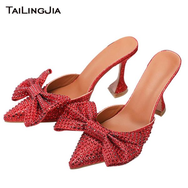 

dress shoes shiny rhinestone women party high heels stylish bowknot mules ladies pointed toe stilettos glitter bow plus size 10cm heel, Black