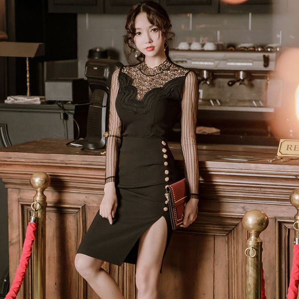 

new arrival fashion korean spring midi party women ol temperament perspective lace chiffon thin split pencil dress yexq, White;black