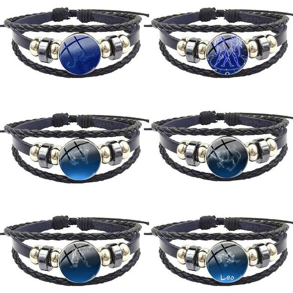 

charm bracelets vintage cabochon black leather bracelet bangle for women girls handmade leo virgo sagittarius constellations, Golden;silver