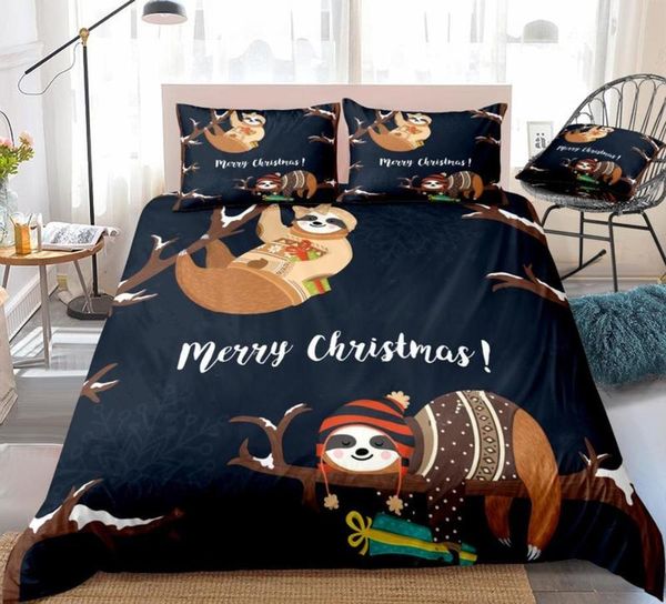 

3pcs christmas sloth duvet cover set cute sloth handing on tree bedding animal home textil kids black bed set  dropship