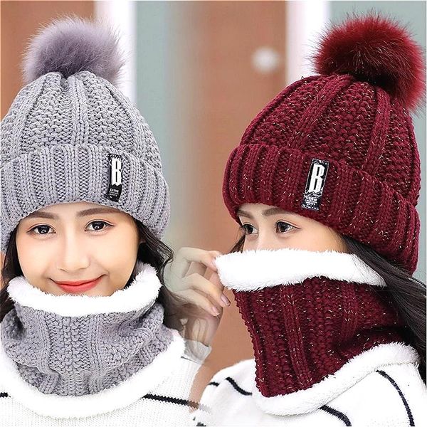 

beanie/skull caps 8 color winter knitted beanies hats women thick warm beanie skullies female knit letter bonnet outdoor riding sets, Blue;gray