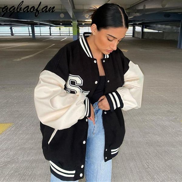 

women's jackets ggbaofan fashion bomber for women streetwear baseball uniform oversized coat and coats loose autumn winter, Black;brown