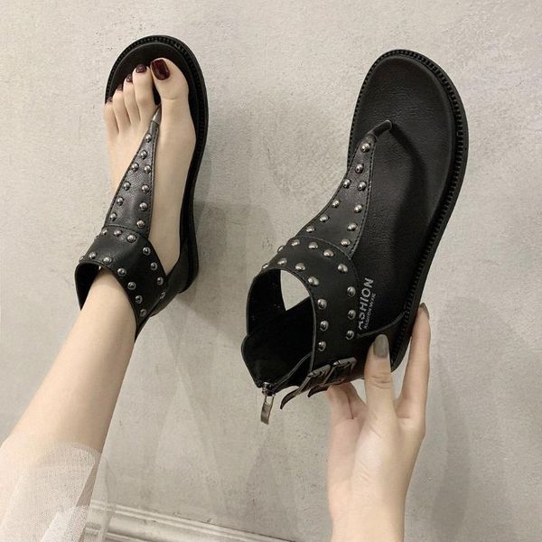 

sagace 2020 new fashion women sandals flip flops shoes women roman sandals rivet flat shoes summer beach ladies leather n5jh#, Black