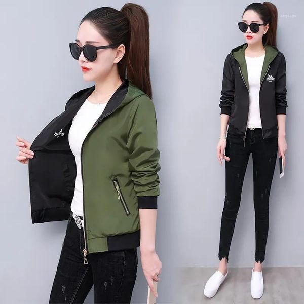 

women's jackets 2021 autumn windbreaker hooded jacket female spring korean loose bf double-sided baseball uniform casual women trend, Black;brown