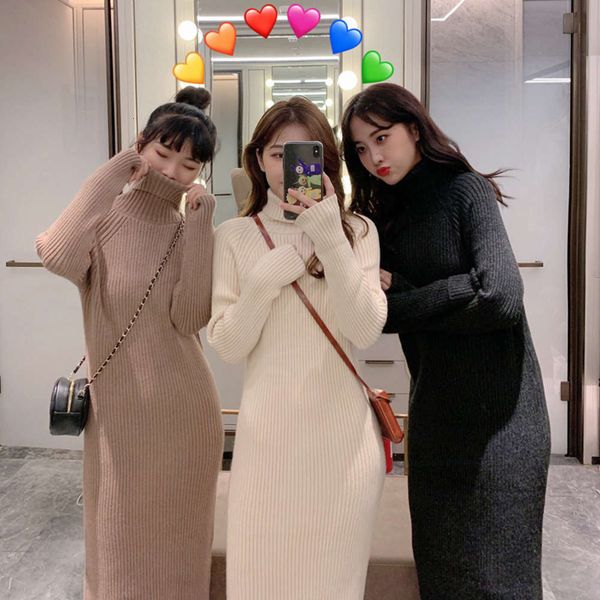 

light luxury high autumn length and mid winter 2020 collar new woolen loose large thickened over knee bottom skirt knitted dress, Black;gray