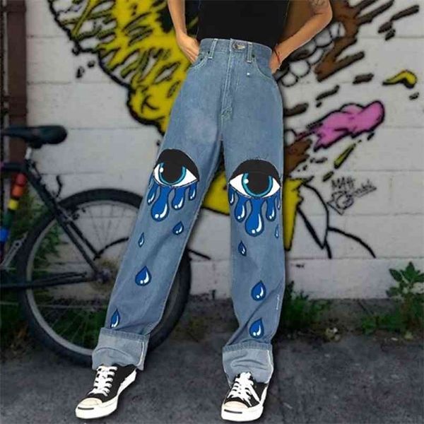 

fashion vintage jeans woman high waist women printed casual trousers long pant boyfriends denim female 210809, Blue