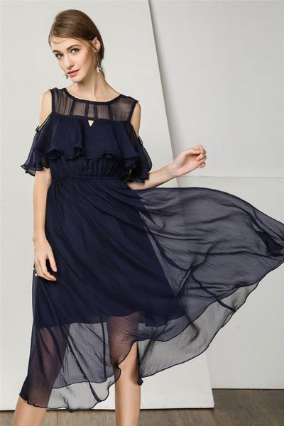 

2021 new summer women ruffle off shoulder long chiffon solid lady knee-length casual btba, Black;gray