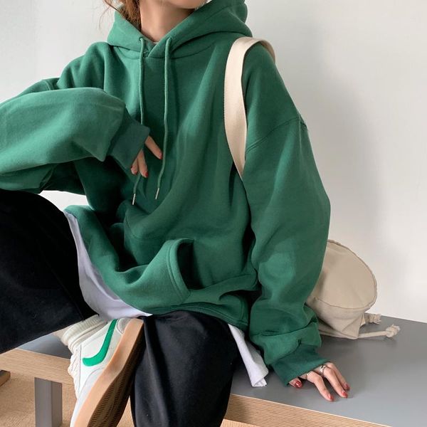 

women's hoodies & sweatshirts hooded plus velvet 2021 autumn/winter solid-color korean loose-fitting shirt, Black