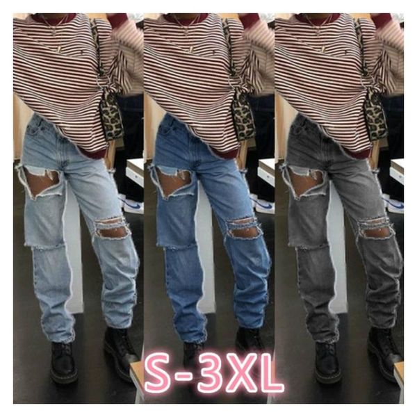 

women's jeans women hole cotton denim solid mid waist straight pants vintage female loose ripped trousers fashion cowgirl, Blue