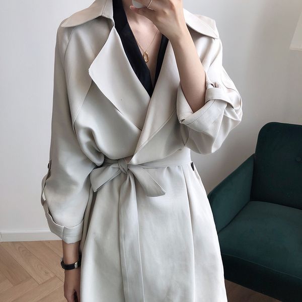 

2021 spring midi length open stitch women coat with belt feminino harajuku abrigo mujer femme 4cw9, Tan;black