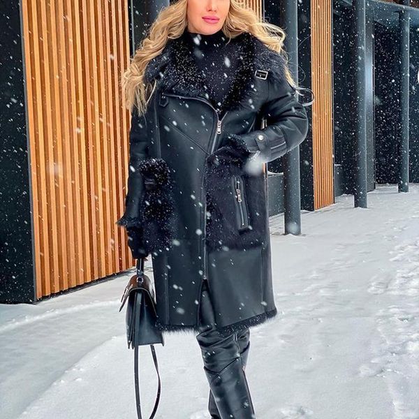 

women's jackets floy fashion winter thick high imitation leather coats women elegant pu patchwork warm long ladies, Black;brown