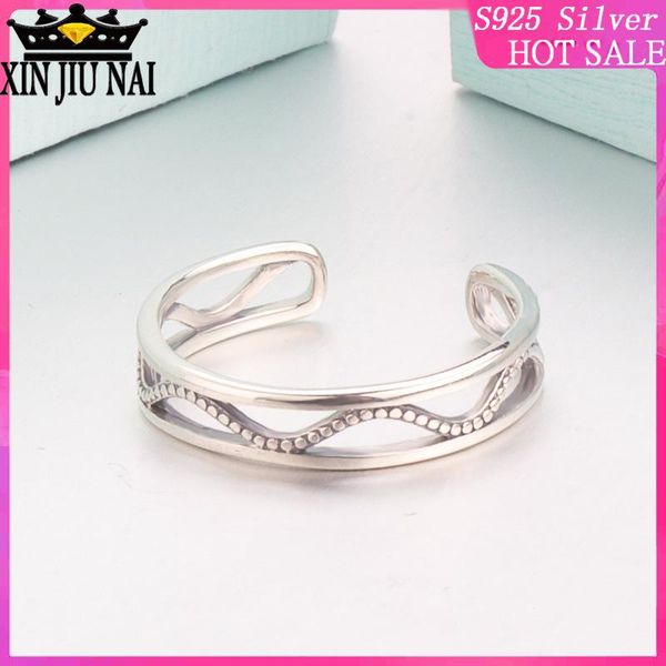 

cluster rings s925 sterling silver network celebrity with the same fashion retro wild thai hollow water ripple opening female ring, Golden;silver
