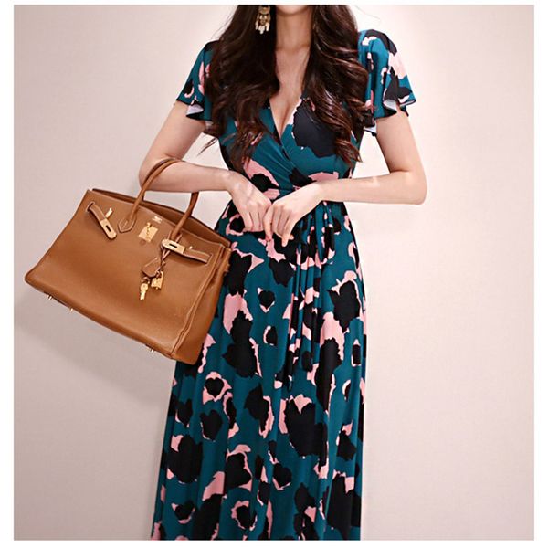 

2021 new spring sleeve v-neck bohemia cloth bowknot loose maxi long casual print dress 83vr, Black;gray