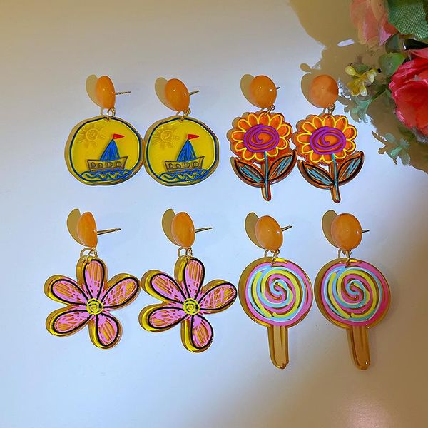 

dangle & chandelier enamel flower oil painting cream earring abstract human face irregularity square love transparent beaded earri, Silver