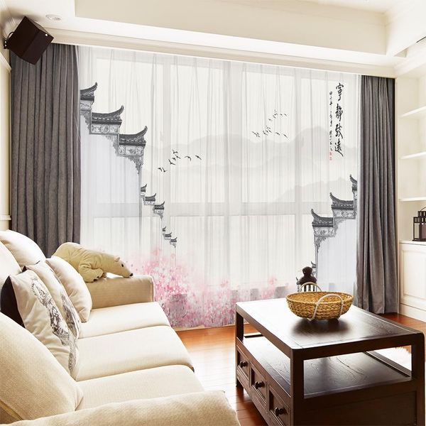 

curtain & drapes custom chiffon sheer window drape for bedroom living room pink bossom birds ink painting khaki gray brown blue