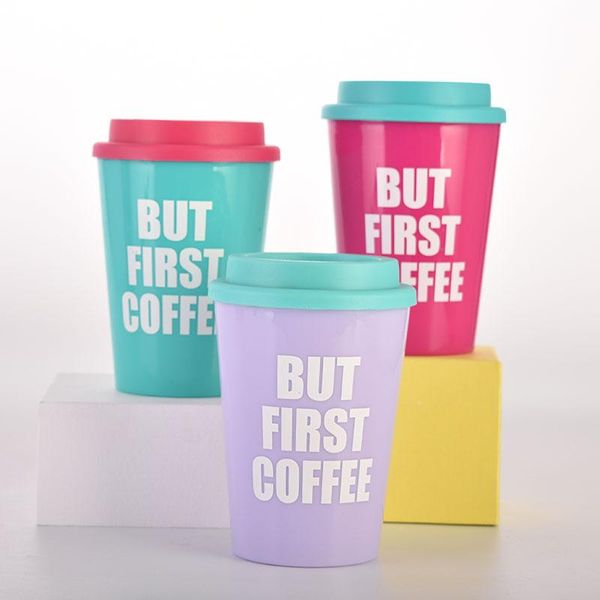 

mugs plastic double-layer coffee cup with lid, custom water cup, handy creative color-contrasting mug
