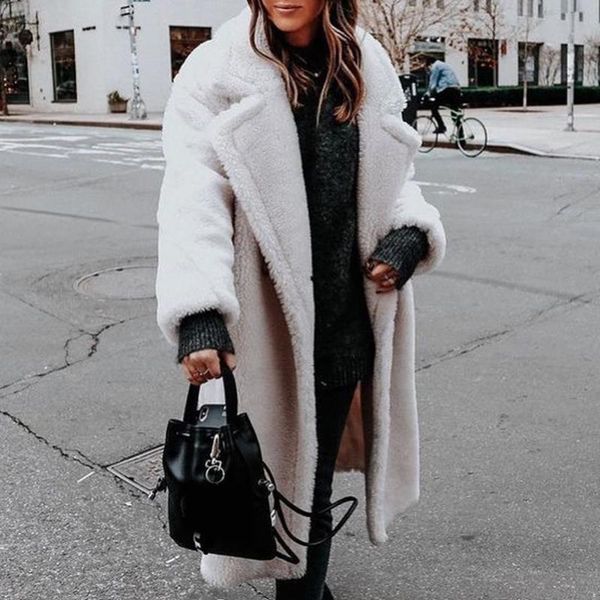 

women's fur & faux fashion clothes women fluffy teddy bear coat solid long sleeve casual loose jacket winter warm cardigan outwear lape, Black