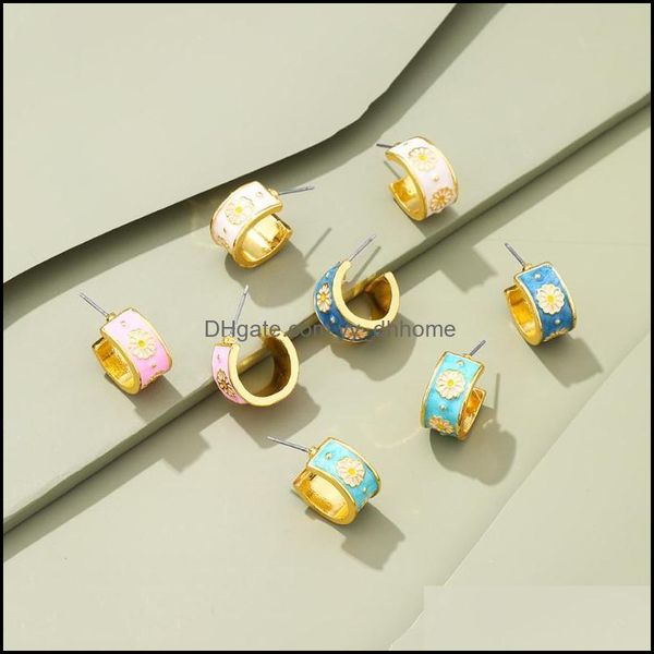 

stud earrings jewelry vintage exquisite daisy flower c-shaped statement earring women korean candy color enamel geometric brincos drop deliv, Golden;silver
