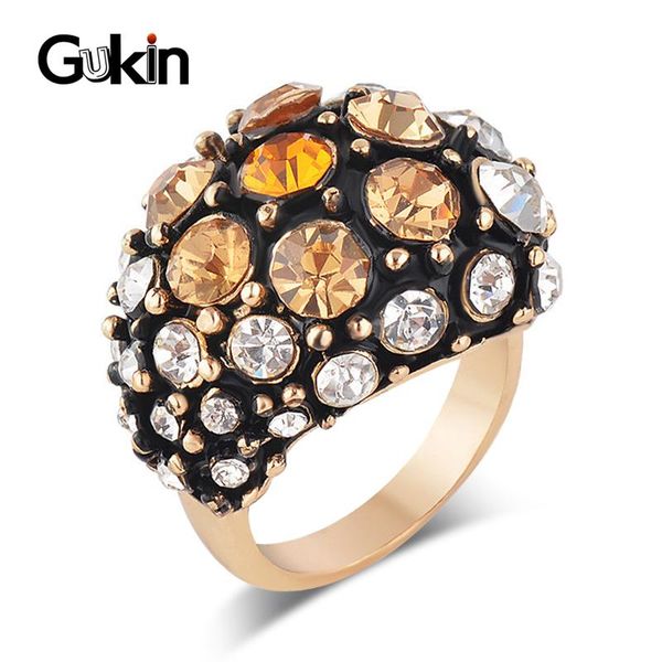 

cluster rings gukin luxury bride wedding for women antique gold color mosaic crystal engagement party vintage ring jewelry gift, Golden;silver