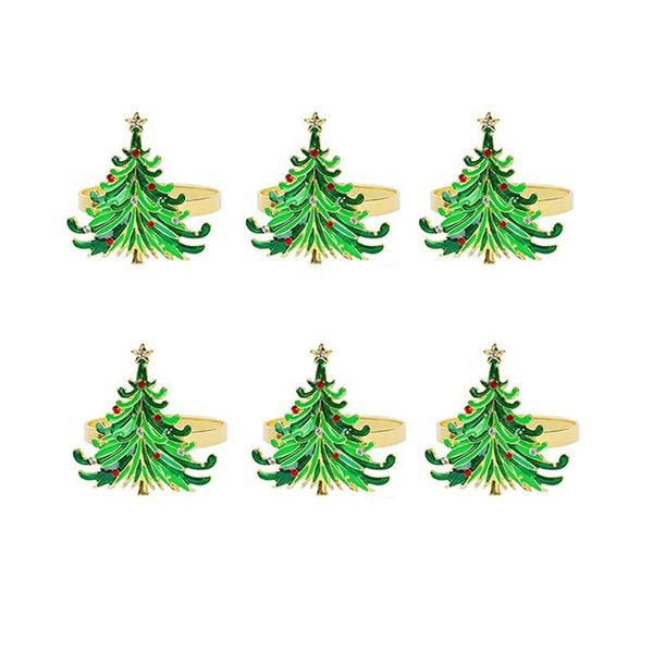 

napkin rings 6pcs green chirstmas tree rings,golden designed with red and white diamond for christmas dinning table