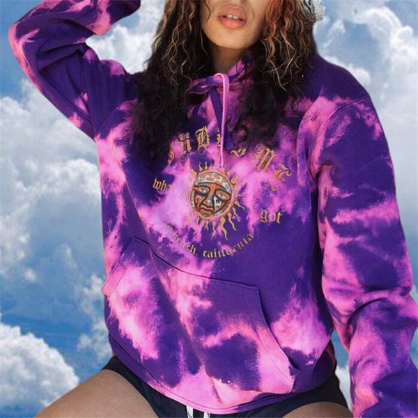 

street fashion hoodies autumn women men tie dye printing hooded sweatshirt hip hop casual loose purple big pocket sweatshirt, Black