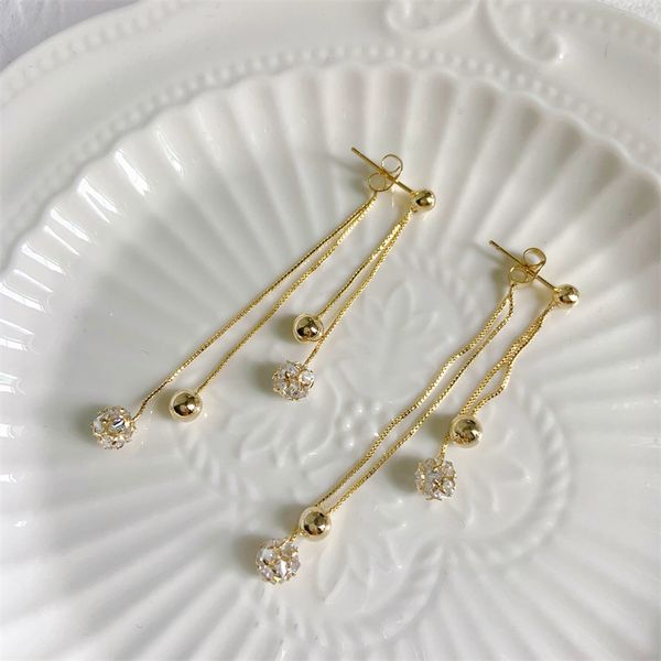 

design jewelry south korea dongdamen temperament tassel zircon ball a two wearing 925 silver needle earrings, minority ins earrings, Golden