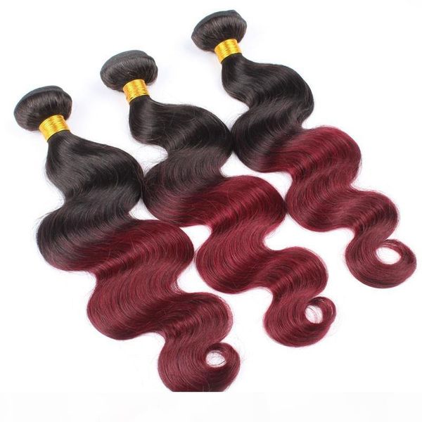 

100% human unprocess brazilian virgin hair body wave hair extensions body wave t1b 99j ombre color burgundy hair weft price wholesale, Black;brown