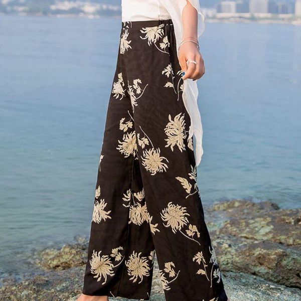 

women's pants & capris high waist woman streetwear printed floral wide leg fashion summer korean straight leisure loose trouser, Black;white